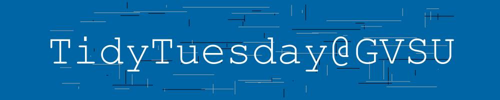 Generative art with random line segments colored in black and gray on a blue background. TidyTuesday@GVSU is written over top in white letters.